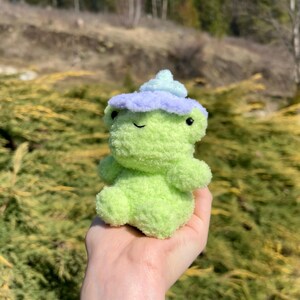 May include: A small green plush frog wearing a purple and blue hat. The frog is sitting in the palm of a hand.
