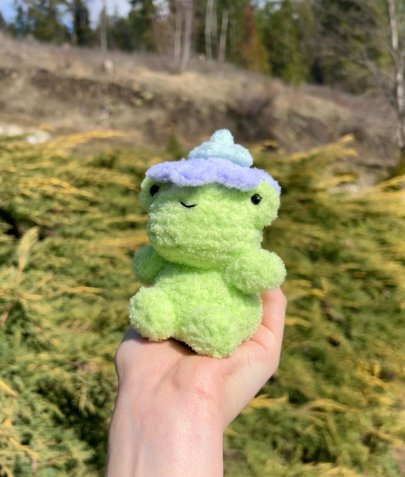 May include: A small green plush frog wearing a purple and blue hat. The frog is sitting in the palm of a hand.