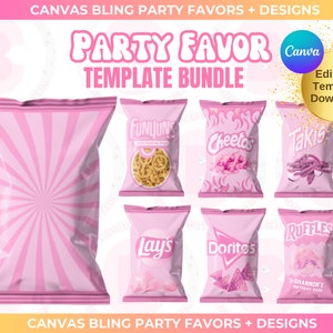 Pink Chip Bags, Custom chip Bag,  Party Favor Bags, water bottle label, juice label, chip bag template, canva template, pink template