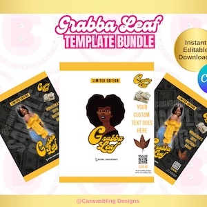 以下が含まれることがあります： ピンクと白で「Grabba Leaf Template Bundle」というテキストが入ったテンプレートバンドルのデザイン。デザインには、黒髪とメガネの女性のメイン画像と、「Your Custom Text Goes Here」という言葉が含まれています。