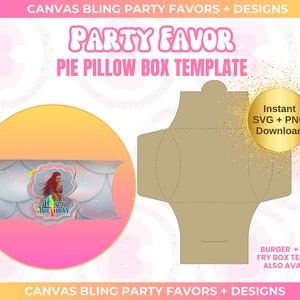 Può includere: Un modello stampabile per una scatola a cuscino a forma di torta. Il modello è marrone e presenta un design di sirena con il testo "Buon compleanno". Il modello è disponibile per il download immediato nei formati SVG e PNG. Sono disponibili anche modelli di scatole per hamburger e patatine fritte.