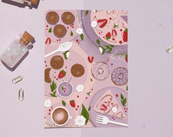 Purple cute cafe art Print | Poster  | Kawaii illustration | Dreamy illustration | wall decor Print  | Original drawing - A4 - A5 - A6