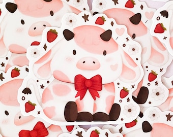 Kawaii Strawberry Cow Sticker | Waterproof Vinyl glossy Stickers | Cute fruit animal Decal | Hydroflask, Laptop, Bullet Journal, Waterbottle