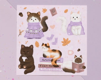 かわいい居心地の良い猫のアートプリント | かわいい＆美しいイラスト | 壁ホームデコプリント | ハロウィン/秋のテーマ - A4 - A5 - A6