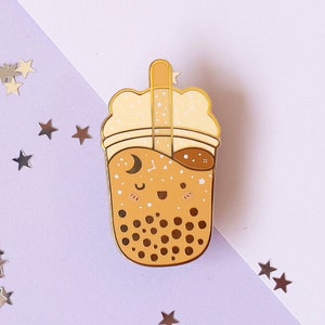 Brown Suger bear boba tea hard enamel Pins from the Cute Bubble tea friends collection, Summer enamel pin gifts | Spring Present
