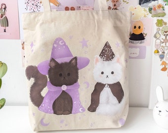 Cute & Fluffy white, black witch cats Tote Bag with zipper + zipper pocket | magical cat | kawaii Eco shopper Tote Bag | Spring Present