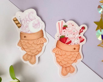 Dreamy & strawberry taiyaki ice cream stickers | japanese sweets food sticker | Waterproof Vinyl glossy Decal | Hydroflask, Laptop, Journal