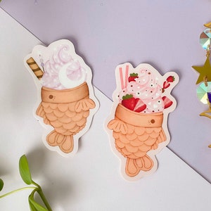 Pegatinas de helado taiyaki de ensueño y fresa / pegatina de comida de dulces japoneses / Calcomanía brillante de vinilo impermeable / Hidroflask, Computadora portátil, Diario