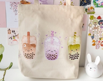 Bubble tea tote bag with zipper + zipper pocket | taro love, suger bear & matcha cat boba tea | kawaii Eco shopper Bag | Spring Present