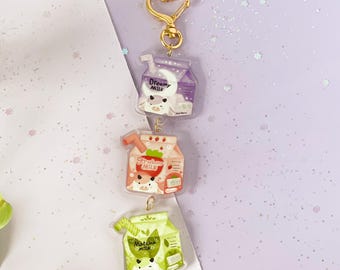 3 cute cow milk Keychain | Strawberry milk | Dreamy milk | Matcha milk | clear Double Sided Linked Acrylic charm Keychains | kawaii cows