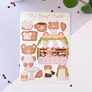 Hoja de pegatinas decorativas de panadería y cafetería Cosy Bear / Pegatinas estéticas para Bullet Journal / Planificador de decoración de animales de barista kawaii, álbum de recortes