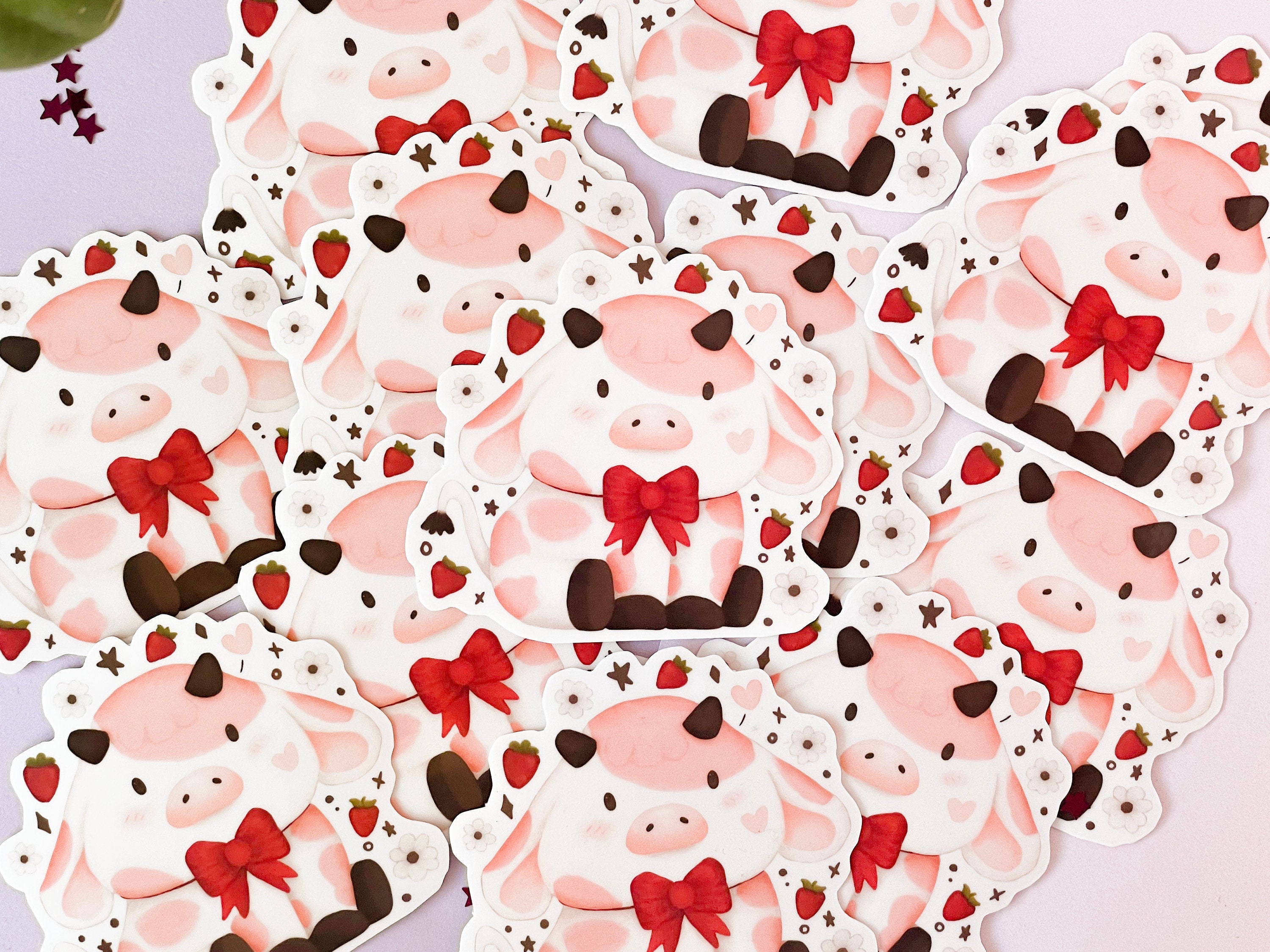 Kawaii Strawberry Cow Sticker | Waterproof Vinyl Glossy Stickers | Cute ...