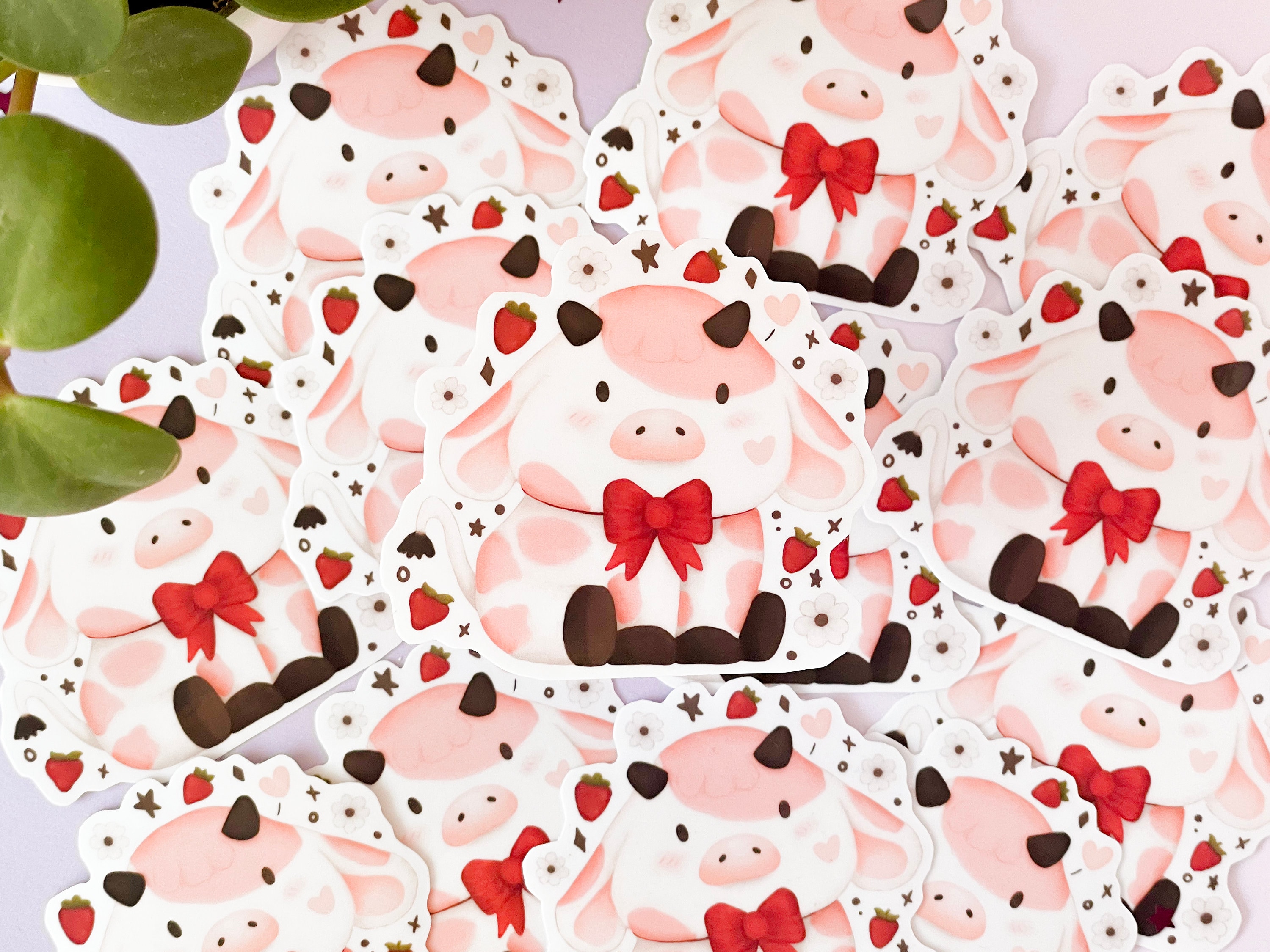 Kawaii Strawberry Cow Sticker | Waterproof Vinyl Glossy Stickers | Cute ...