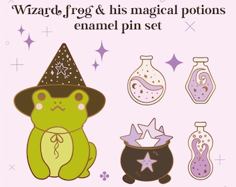 Preorder - Cute wizard frog & his magical potions hard enamel pins | Kawaii froggie mini pins | Cottagecore Pin Badge | Filler Pin