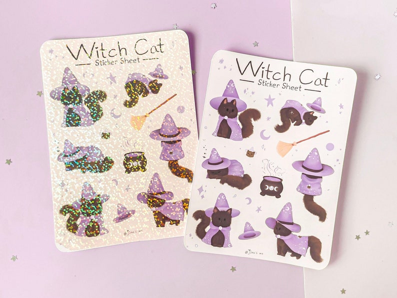 Cute Black Witch Cat Sticker Sheet - Kiss Cut Waterproof Matt | Bullet ...