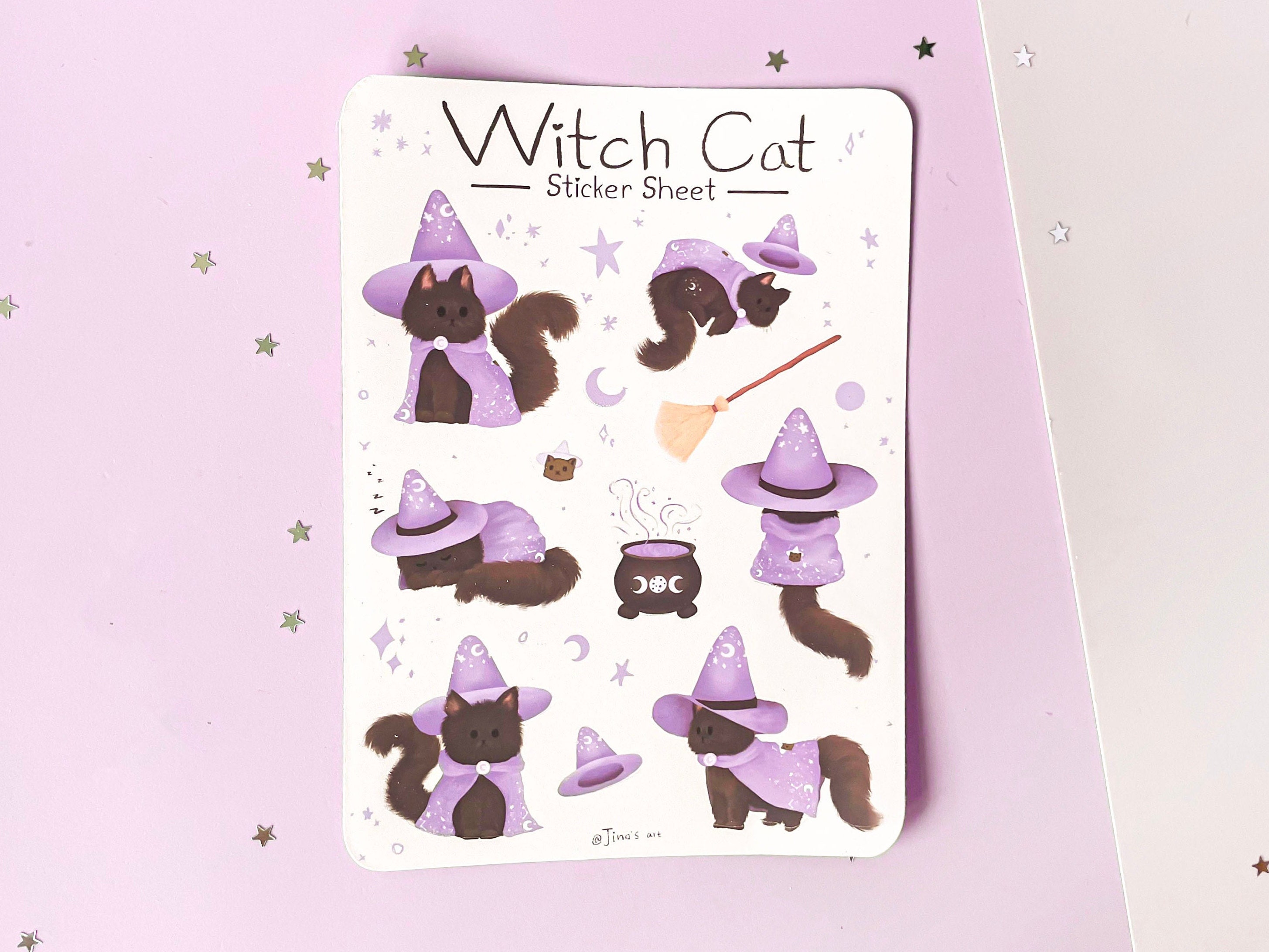 Cute Black Witch Cat Sticker Sheet - Kiss Cut Waterproof Matt | Bullet ...