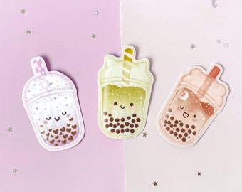 Cute boba tea Stickers of taro love, suger bear & matcha cat bubble tea | Sticker pack | Waterproof Vinyl Glossy | Planner and Water bottle