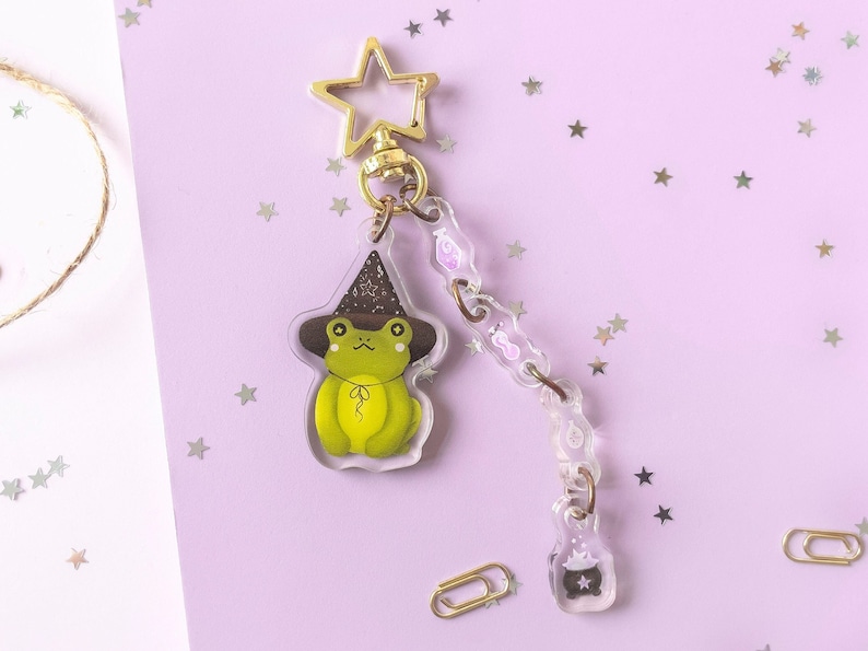 Wizard frog with his magical potion keychain / clear Double Sided acrylic charm Cute accessory for your Keys, ita bag, planner or journal image 1