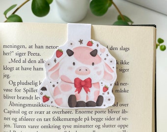 Kawaii Strawberry Cow Magnetic Bookmark | Book Accessories | Page Saver / Clip | Reading Gifts | Book Lover | Animals | Spring Present