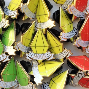 The Sims Mood enamel pins with glitter - green, yellow and red plumbob