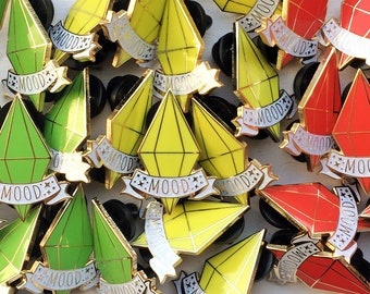 The Sims Mood enamel pins with glitter - green, yellow and red plumbob