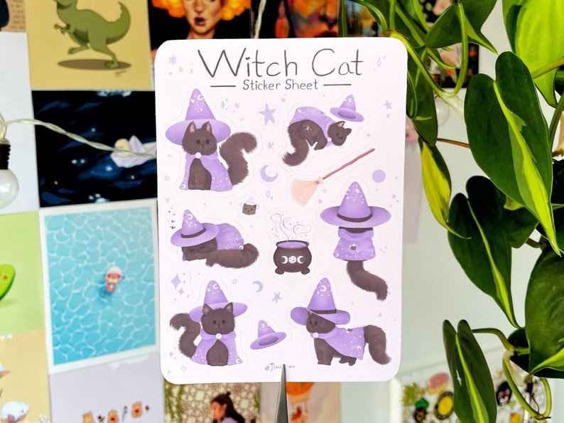 Cute Black Witch Cat Sticker Sheet - Kiss Cut Waterproof Matt | Bullet ...