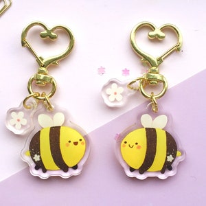 kawaii Bumblebee with a small flower keychain / clear Double Sided acrylic charm - Cute accessory for your Keys, ita bag, planner or journal