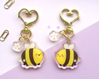 kawaii Bumblebee with a small flower keychain / clear Double Sided acrylic charm - Cute accessory for your Keys, ita bag, planner or journal