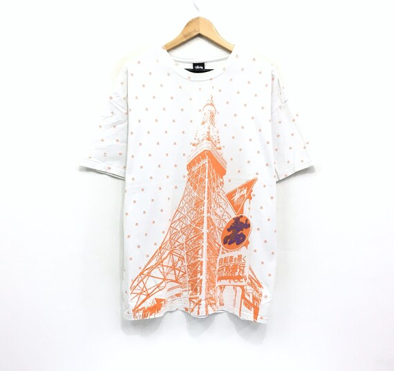 Vintage Stussy Eiffel Tower Fullprint Spellout tshirt..Streetwear..Size L