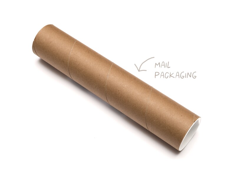 May include: A brown cardboard mailing tube with white interior. The words "MAIL PACKAGING" are written in gray next to the tube. The tube is designed for shipping posters, prints, or other rolled items.