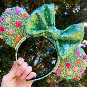 Authentic Disney Parks Floral Crystal Minnie Ears | Glass Rhinestone Custom Disney Minnie Mouse Hot Pink Crystal Custom Ears Headband  main image 2