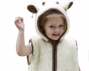 Wool Gilet for Kids Hooded Sheep jacket with Zip and Pocket 100% Wool