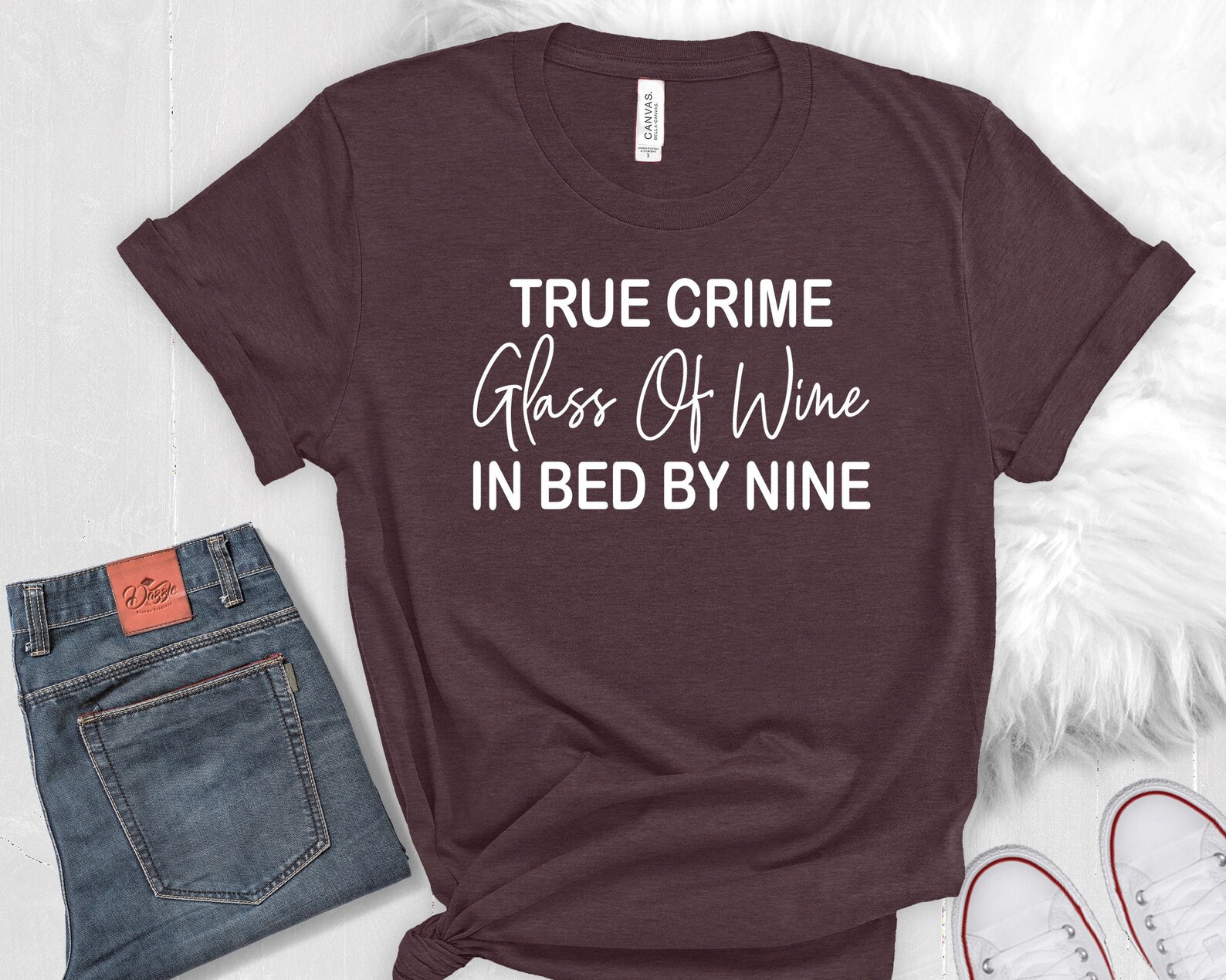 true crime glass of wine in bed by nine shirt