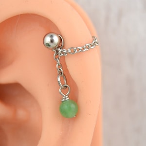 Dainty Chain Stone Cartilage Cuff - 316L Stainless Steel Helix Earring - 16g 14g Barbell Cuff - Cartilage Earring - Pierced Ear Barbell