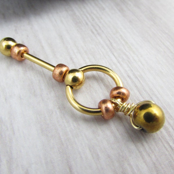 Copper Beaded VCH - Gold Vertical Hood Piercing - 14g Surgical Steel - 16mm Straight Bar - Slave Ring Dangle - Intimate Jewelry