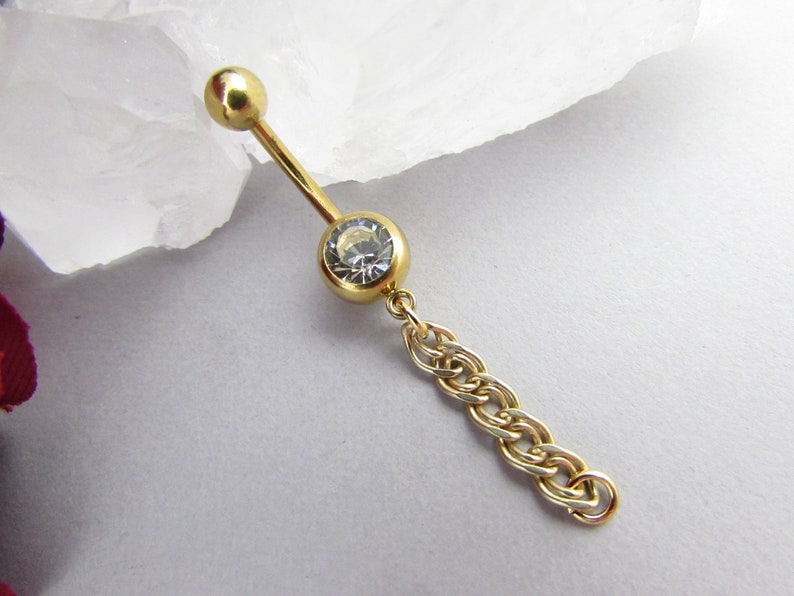 Short Dangle Navel Ring Chain Belly Button Ring Chain Gold Belly Ring Belly Piercing 14g 316L Stainless Steel 10mm Bar Belly Ring