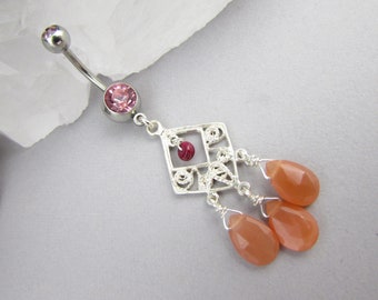 Peach Moonstone Belly Ring - Sterling Silver Surgical Steel - Handmade Dangle - Boho 14g Navel Bar - Belly Button Ring - Body Jewelry