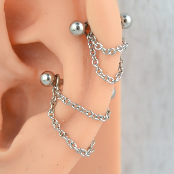 Dainty Layered Chain Conch Cuff - Conch Earring - 316L Stainless Steel Ear Barbell - 16g 14g Barbell Cuff - Cartilage Earring - Chain Cuff