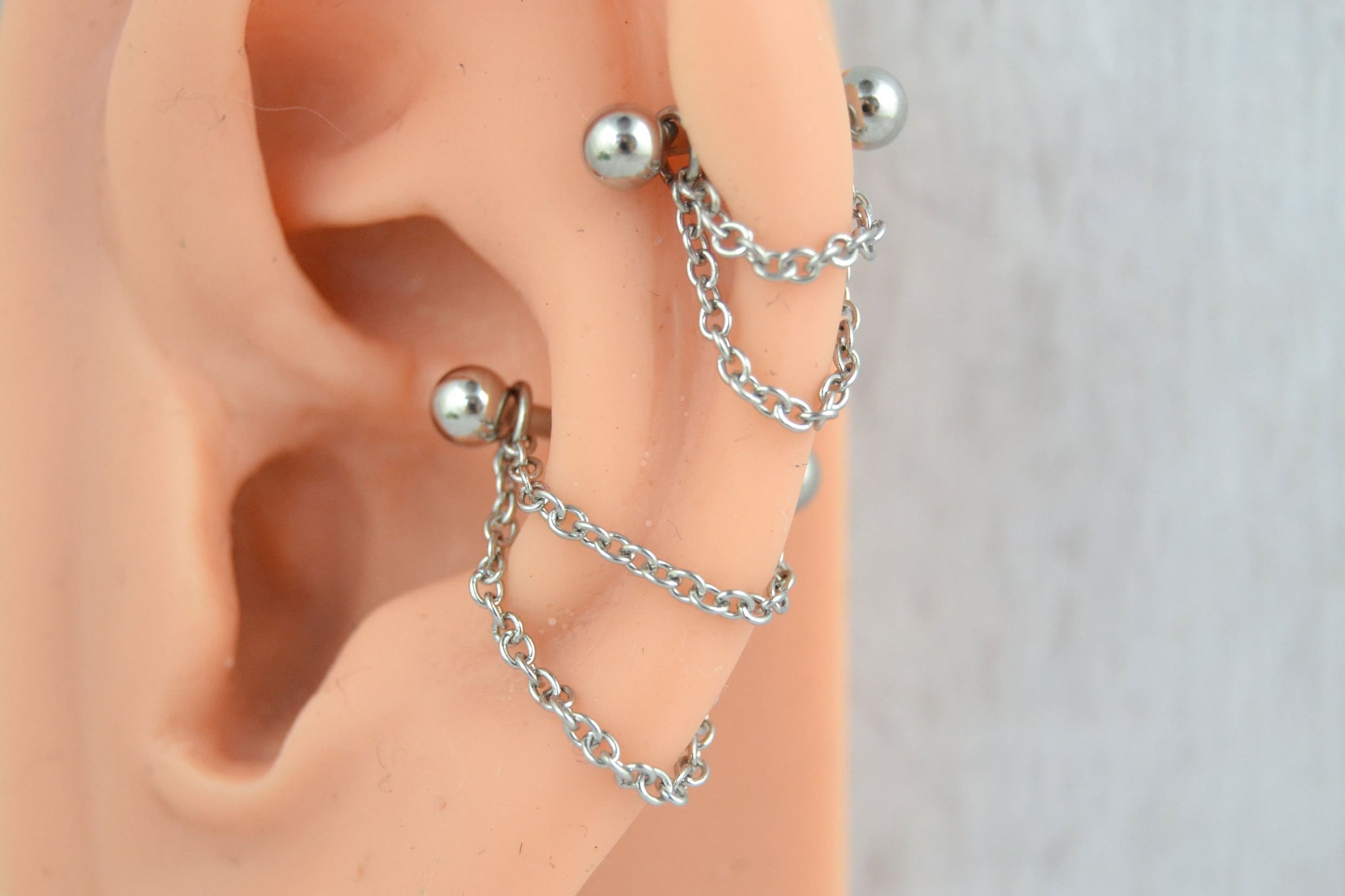 BodyBonita 3Pairs Stainless Steel Conch Double Chain Earrings,Minimalist Dangle Conch Earrings,Cuff Earrings,Helix Cartilage Tragus Barbell with Chain 