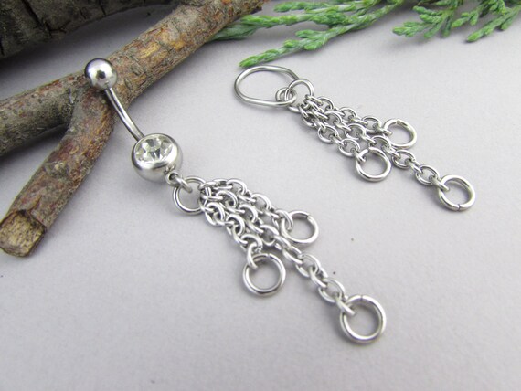Short Dangle Navel Ring Chain Belly Button Ring Chain Gold Belly Ring Belly Piercing 14g 316L Stainless Steel 10mm Bar Belly Ring
