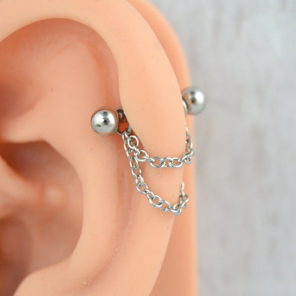 Dainty Layered Chain Cartilage Cuff - 316L Stainless Steel Helix Earring - 16g 14g Barbell Cuff - Ear Barbell - Pierced Cuff Earring