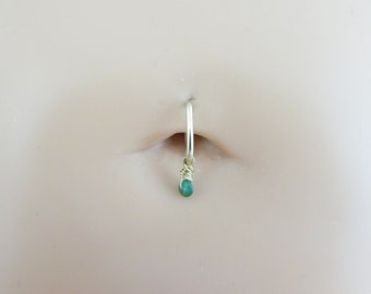 Raw Emerald Stone Tiny Belly Ring - Surg Steel, Titanium, Sterling Silver, Gold Fill, 14k Gold, Niobium - Dainty Belly Dangle - Earrings