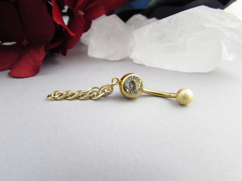 Short Dangle Navel Ring Chain Belly Button Ring Chain Gold Belly Ring Belly Piercing 14g 316L Stainless Steel 10mm Bar Belly Ring