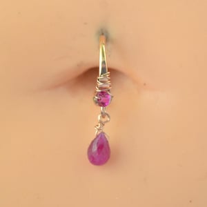 Gemstone Teardrop Dangle Wrapped Belly Button Ring, Crystal Belly Ring, Yellow Gold Fill Belly Piercing, Hoop Belly Ring, Endless Ring