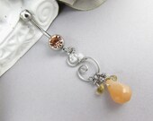 Peach Moonstone Belly Ring - Silver Surgical Steel - Handmade Dangle - Citrine Gemstone Belly Bar - 14g Navel Ring - Crystal Body Jewelry