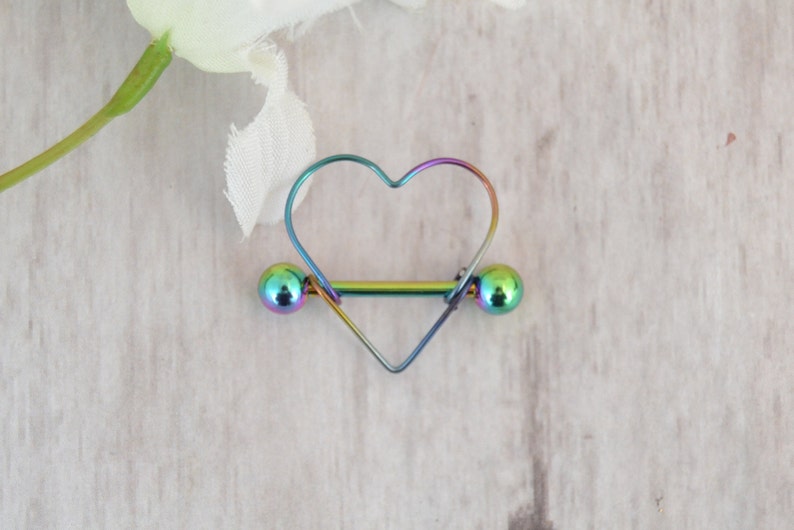 Niobium Heart Nipple Shield Valentine/'s Gift Gift for Her Rainbow Heart Nipple Ring PvD 316L Stainless Steel 14g Barbell