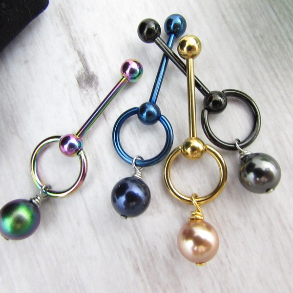 Pearl VCH Dangle - Vertical Hood Piercing - 14g Surgical Steel - Straight Bar - Slave Ring Dangle - Intimate Jewelry