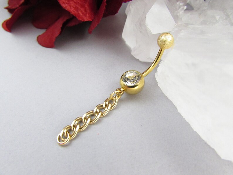 Short Dangle Navel Ring Chain Belly Button Ring Chain Gold Belly Ring Belly Piercing 14g 316L Stainless Steel 10mm Bar Belly Ring