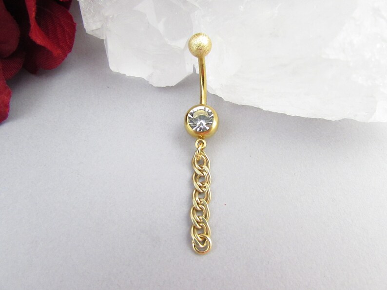 Short Dangle Navel Ring Chain Belly Button Ring Chain Gold Belly Ring Belly Piercing 14g 316L Stainless Steel 10mm Bar Belly Ring