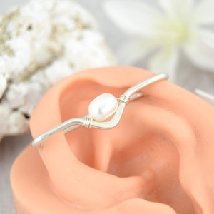 Solid White Gold V Pearl Industrial Piercing, Seamless Industrial Bar, Industrial Barbell, Double Industrial, Pierced Ear Bar, Double Ear